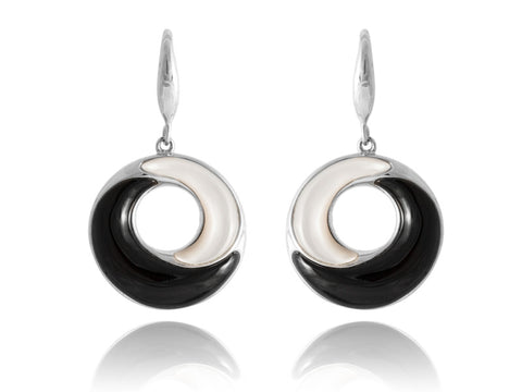 Onyx and Mother of Pearl Swirl Dangling Earrings, 925 Sterling Silver