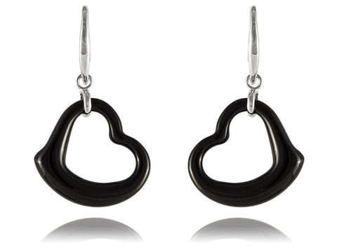 Onyx Gliding Hearts Dangle Earrings, 925 Sterling Silver