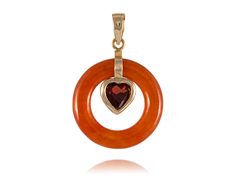 Red Jade Round Pendant with Garnet Heart, 14k Gold