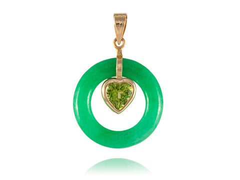 Green Jade Round Pendant with Peridot Heart, 14k Gold