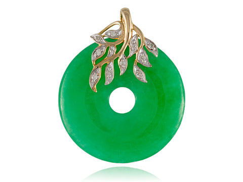 Green Jade Leafy Disc Pendant with Diamonds, 14k Gold