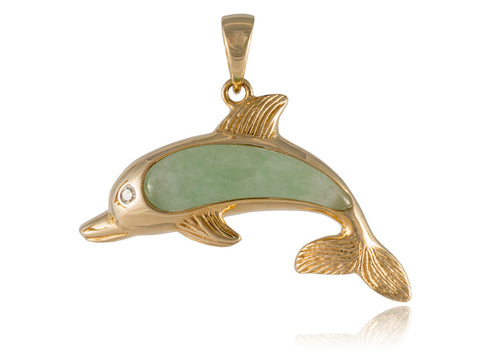 Light Green Jade Natural Dolphin Pendant, 14k Gold