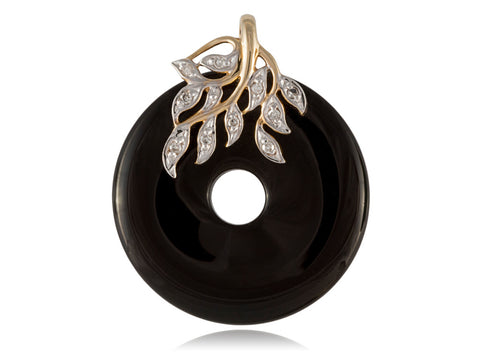 Onyx Leafy Disc Pendant with Diamonds, 14k Gold