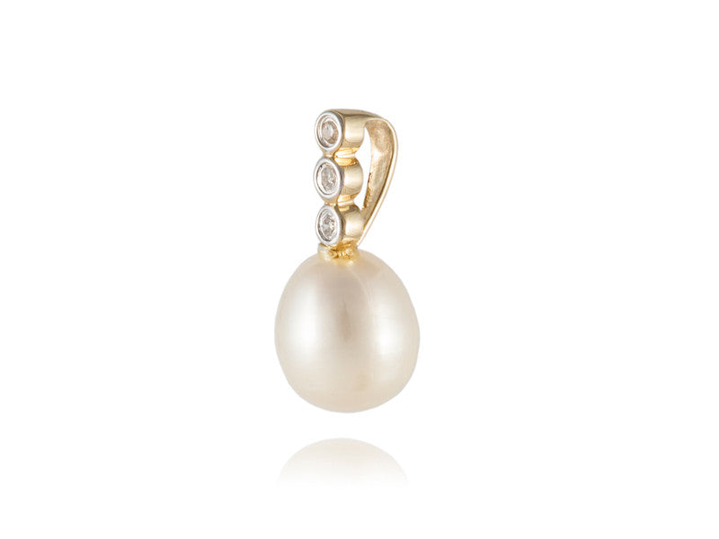 Cultured Pearl Drop Pendant with Diamonds, 14k Gold