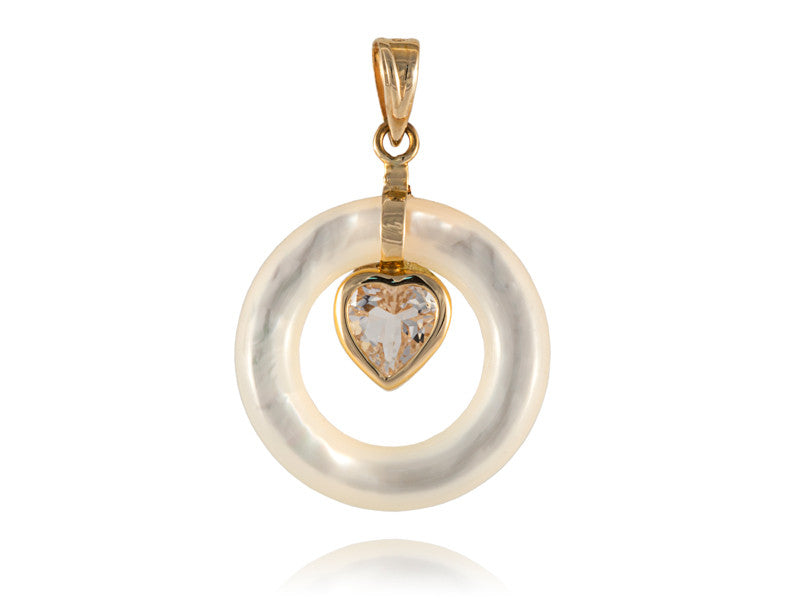 White Mother of Pearl Pendant with Yellow Cubic Zirconia Heart, 14k Gold