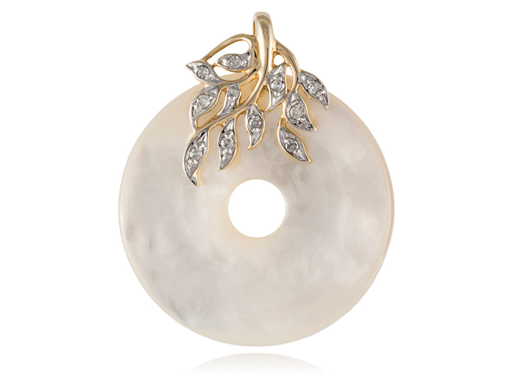 Mother of Pearl Leafy Disc Pendant with Diamonds, 14k Gold