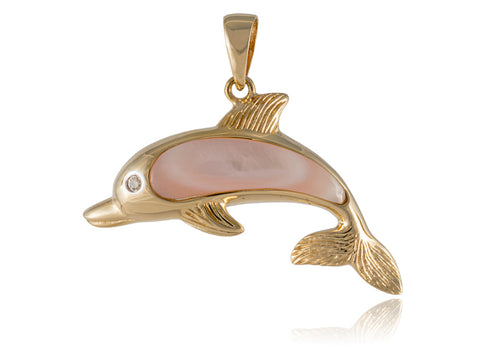 Pink Mother of Pearl Natural Dolphin Pendant, 14k Gold