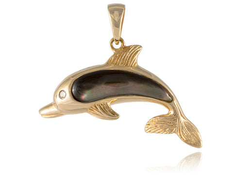 Black Mother of Pearl Natural Dolphin Pendant, 14k Gold