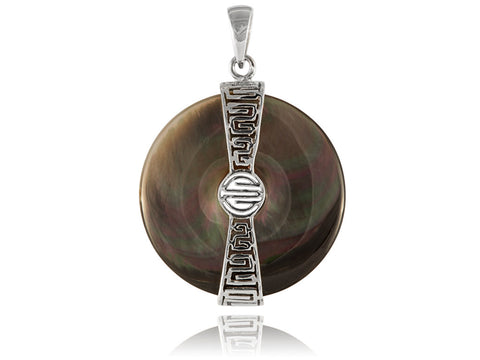 Black Mother of Pearl Round Streak Pendant, 925 Sterling Silver